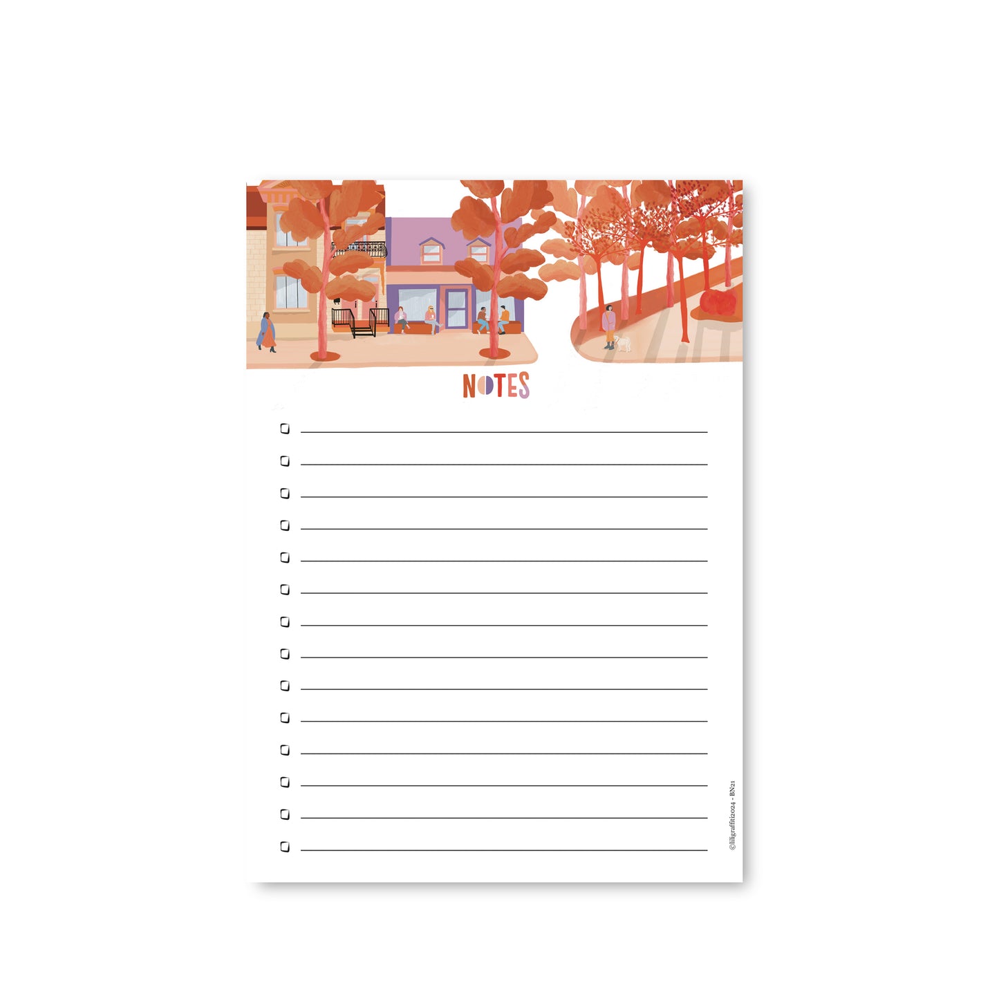 Bloc-notes illustré représentant une scène de Montréal en automne, créé par une illustratrice montréalaise