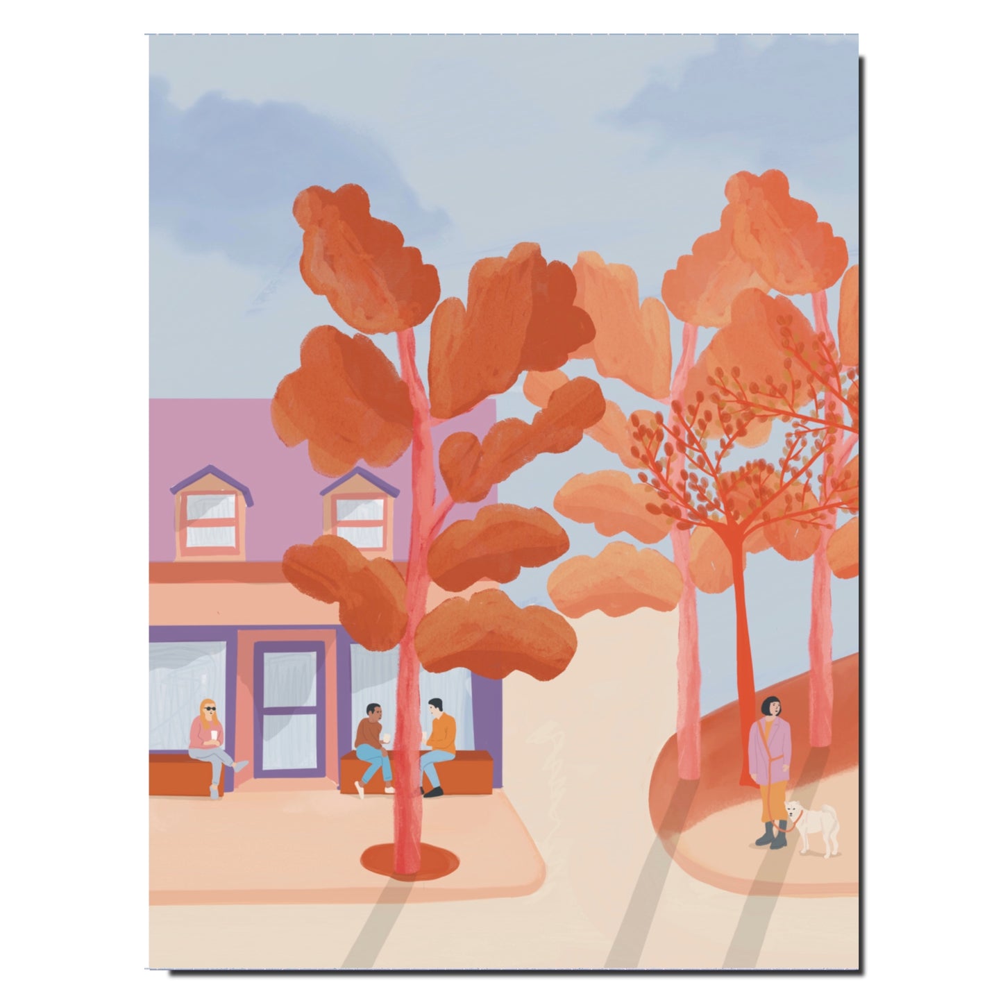 Cahier illustré représentant Montréal en septembre, avec arbres aux couleurs de l’automne