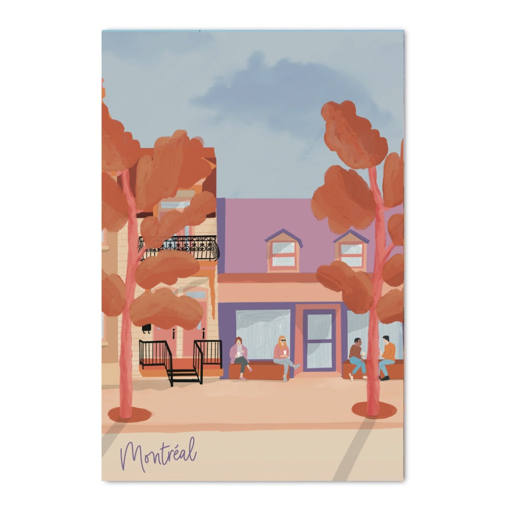 Carte postale illustrée représentant Montréal en septembre avec arbres aux couleurs de l’automne
