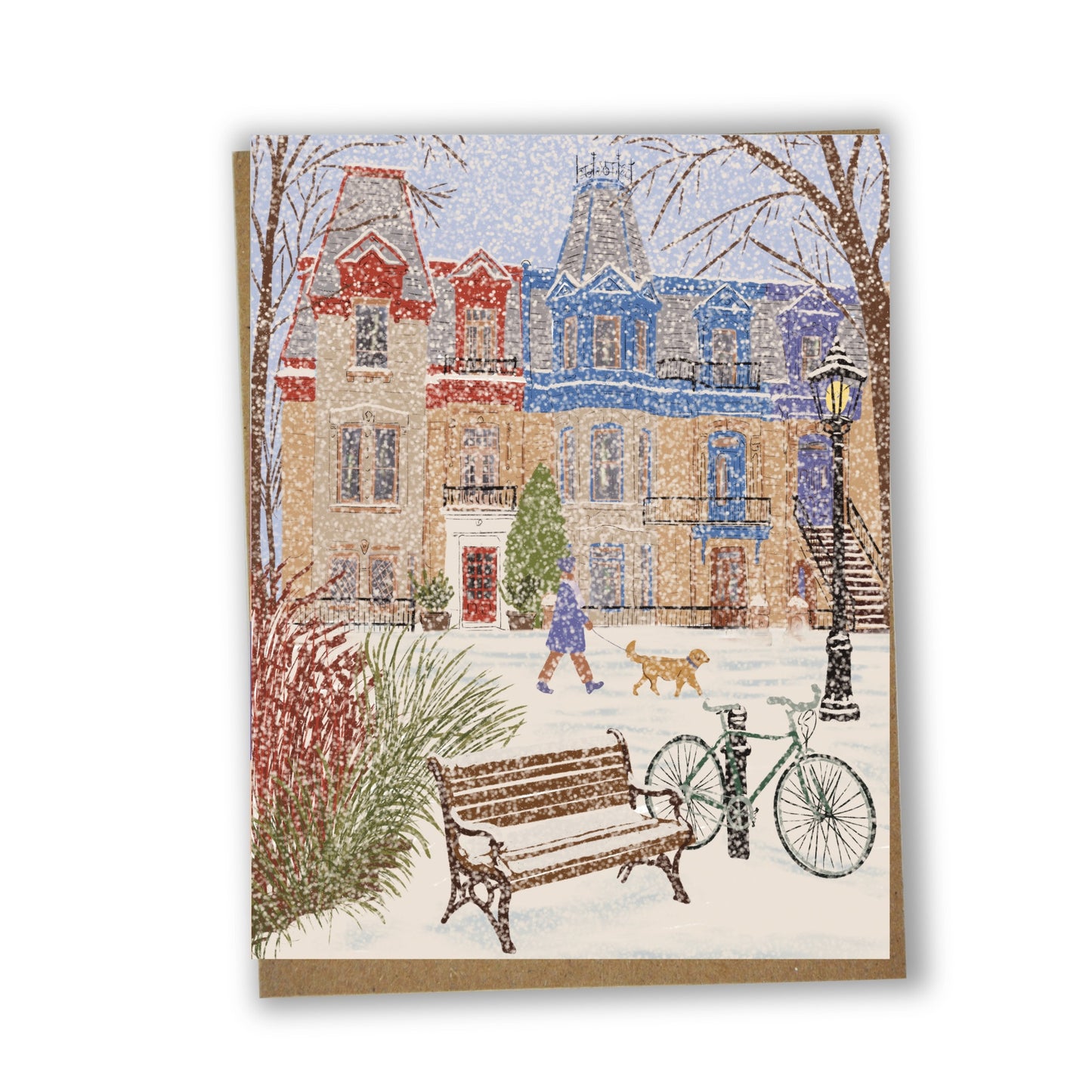 Carte de souhaits illustrée du Square Saint-Louis sous la neige à Montréal