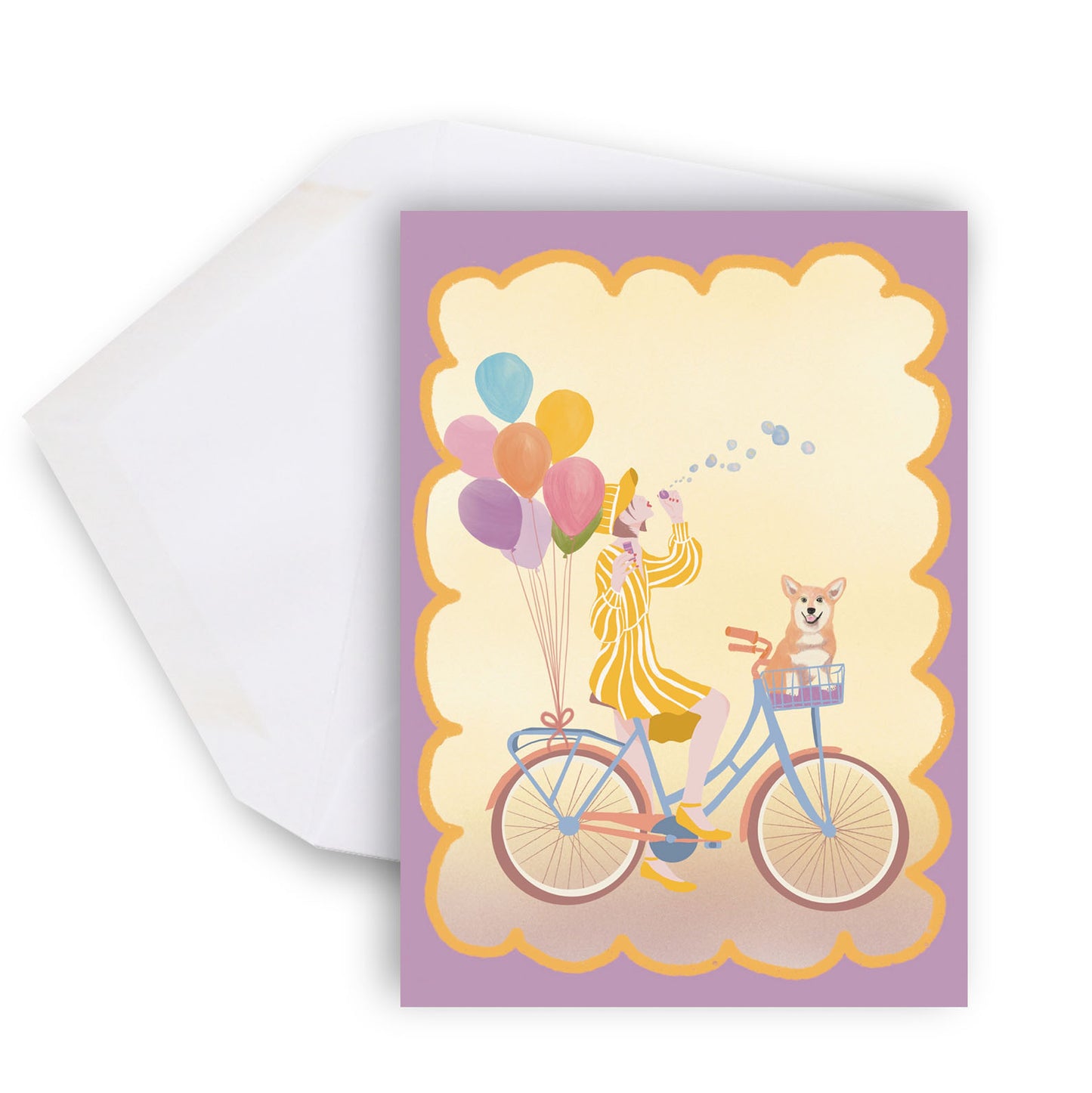 Maxi carte de souhaits illustrée avec une femme à vélo, des ballons colorés et un chien