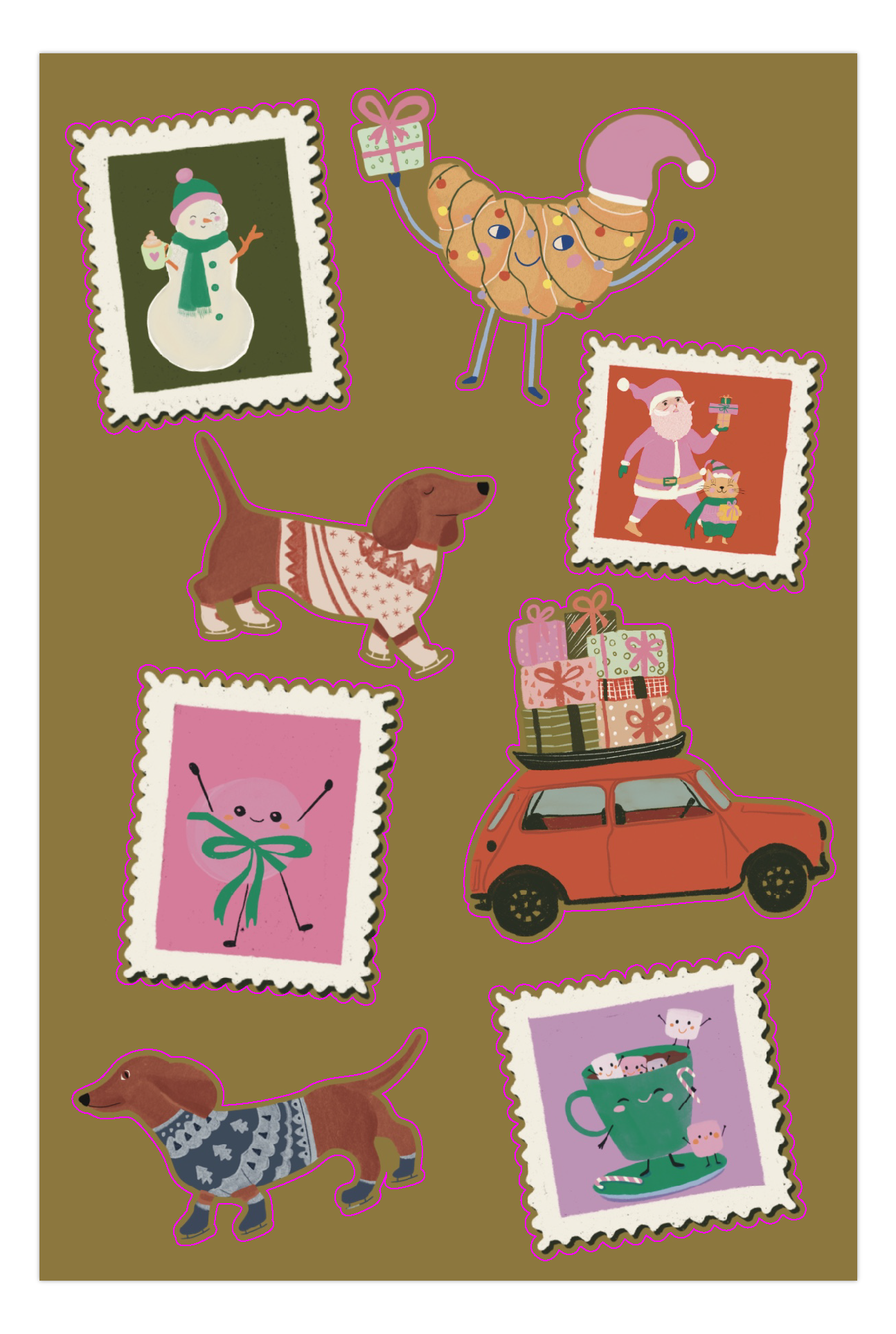 Planche de stickers illustrés de Noël avec Père Noël, bonhomme de neige, voiture chargée de cadeaux, chiens et chocolat chaud.