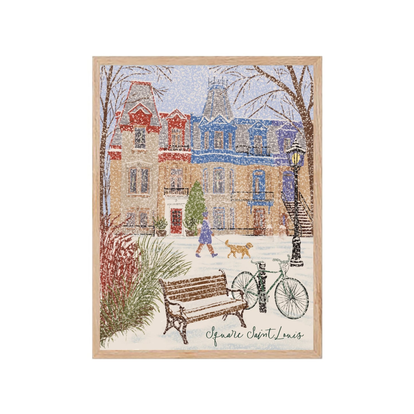 Illustration murale du Square Saint-Louis sous la neige à Montréal