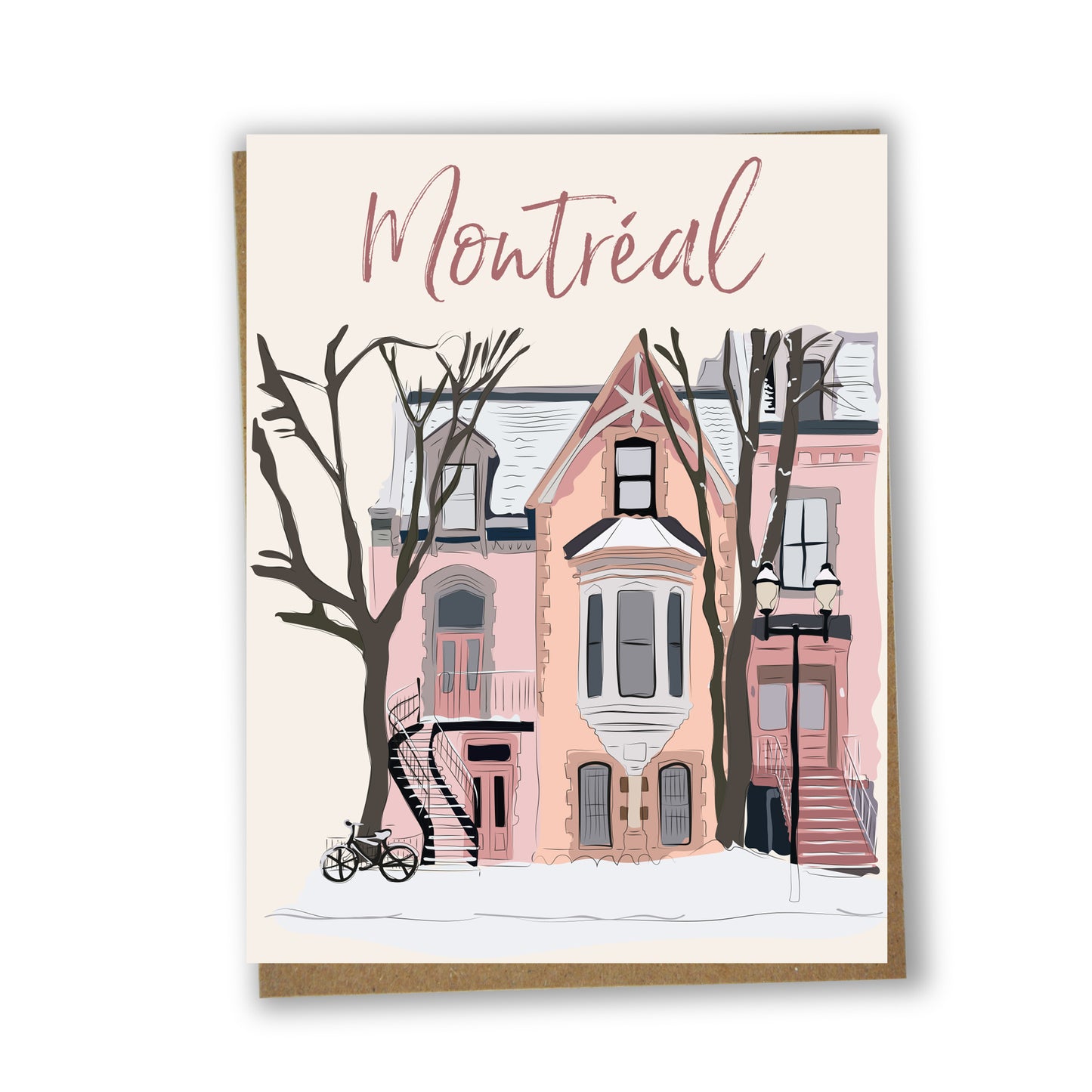 Carte de souhaits illustrée – Montréal, façades du Plateau en hiver