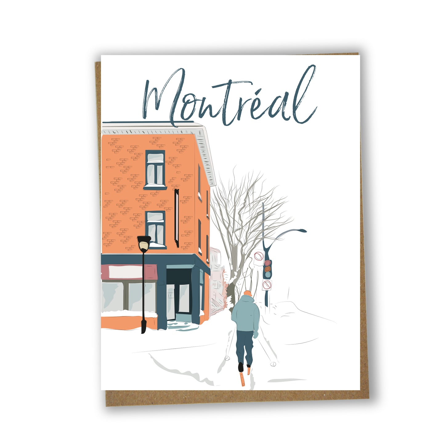 Carte de souhaits illustrée – Montréal, ski dans la ville