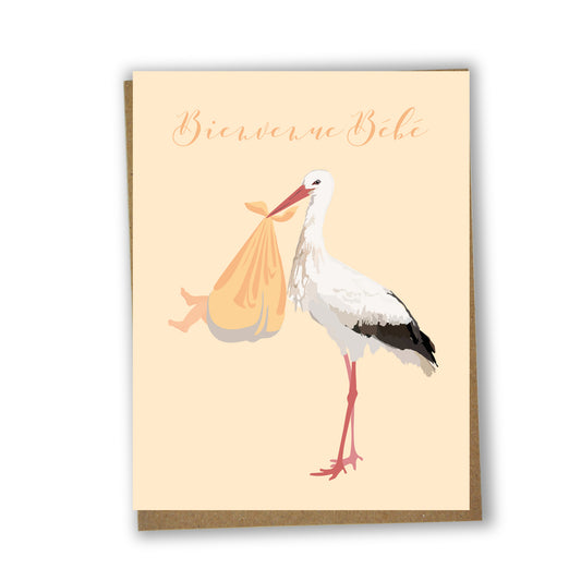 Carte de souhaits illustrée - Naissance (Cigogne et bébé)
