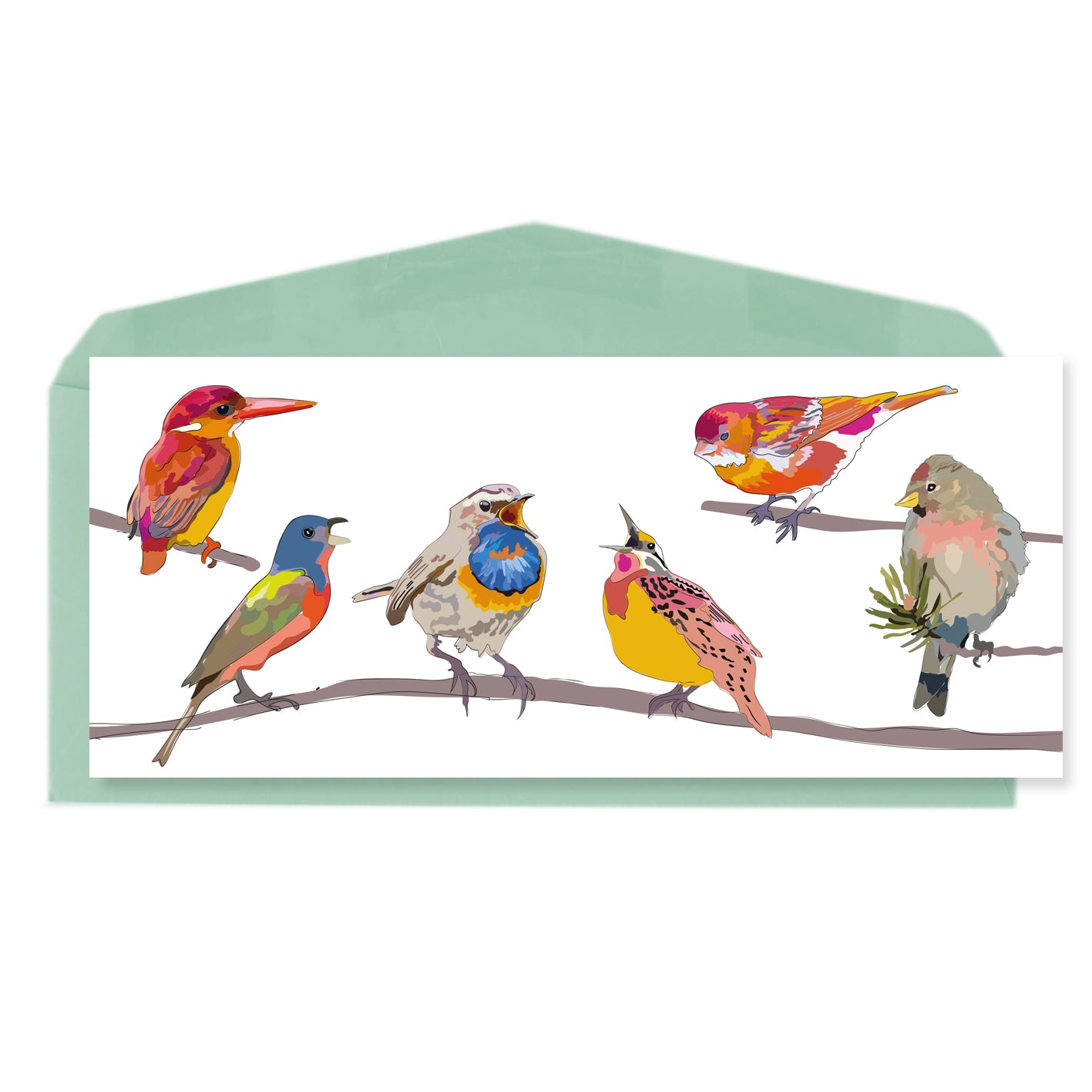 Carte oiseaux colorés sur branche fond blanc