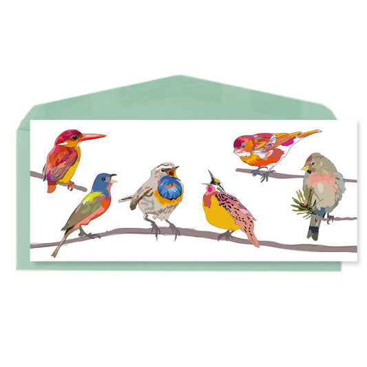 Carte oiseaux colorés sur branche fond blanc