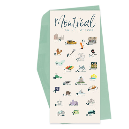 Carte de souhaits illustrée – Montréal en 26 lettres