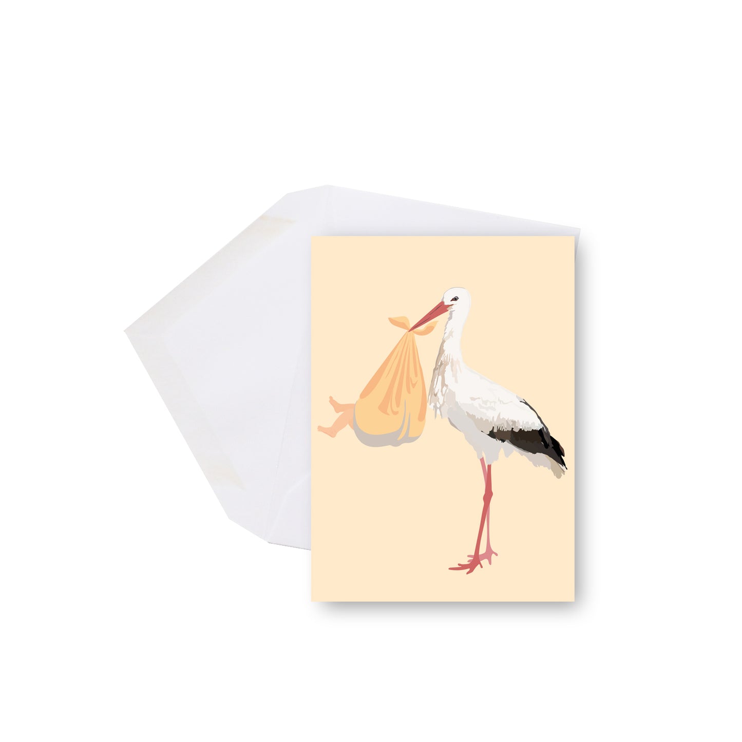 Mini carte de souhaits illustrée – Cigogne & bébé (Naissance)