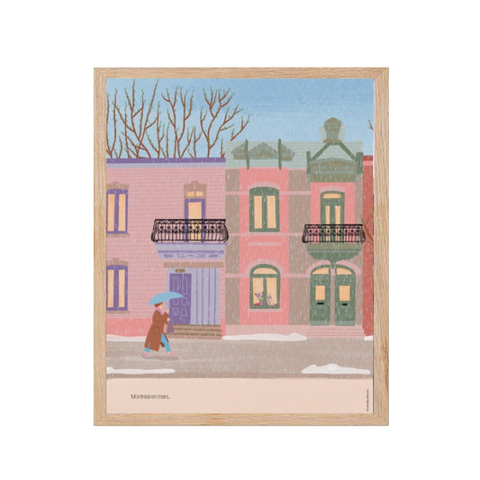Affiche illustrée représentant Montréal en mars, créée par une illustratrice montréalaise