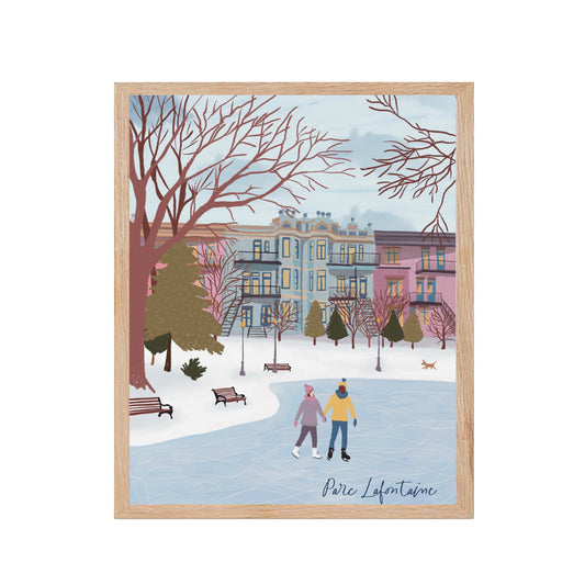 Affiche illustrée du Parc La Fontaine en hiver à Montréal