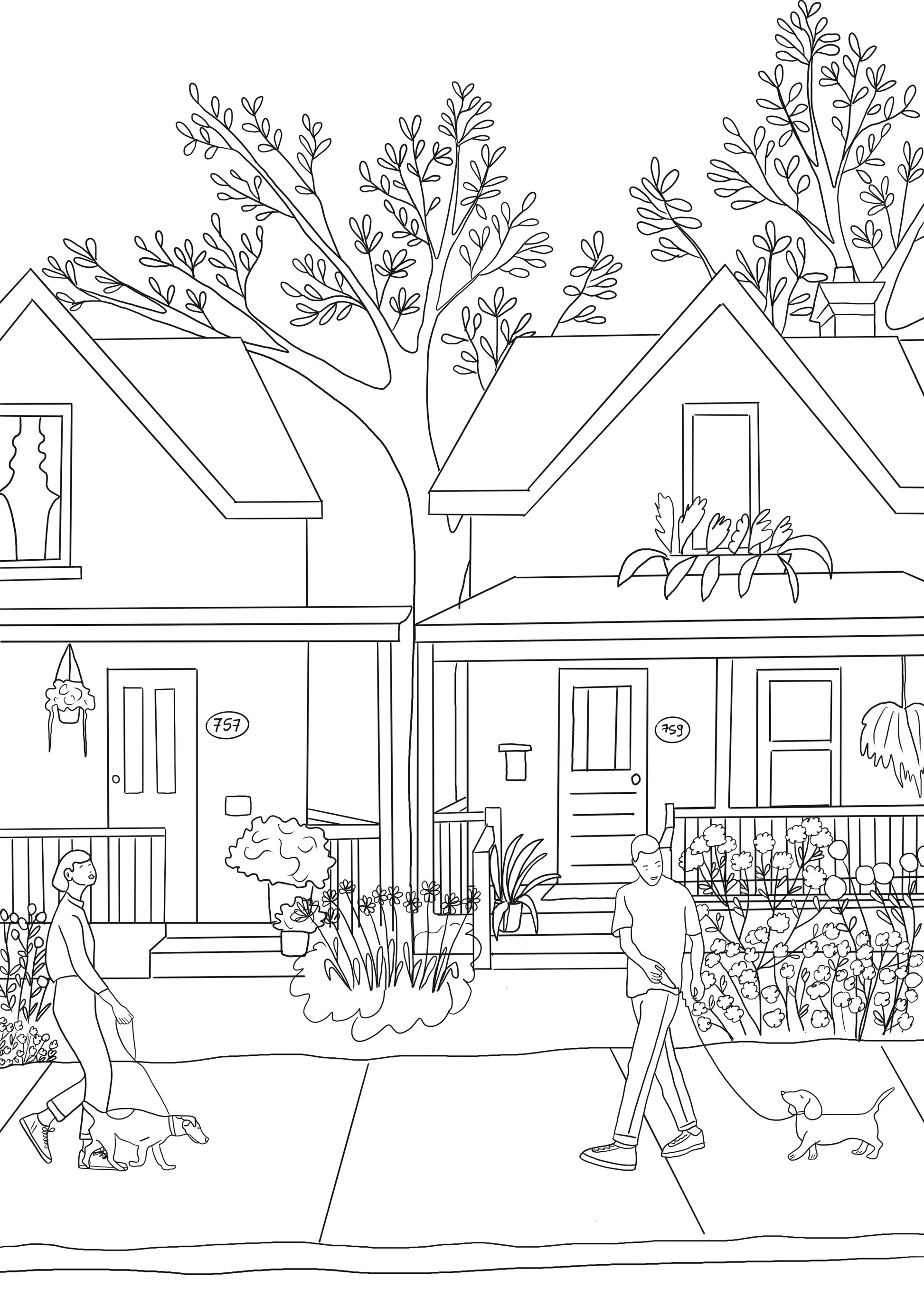Page de coloriage montrant des maisons et une scène de quartier à Montréal