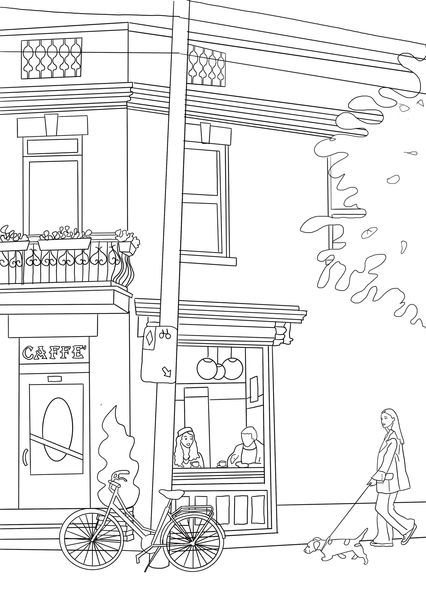 Page de coloriage illustrée représentant une rue de quartier à Montréal
