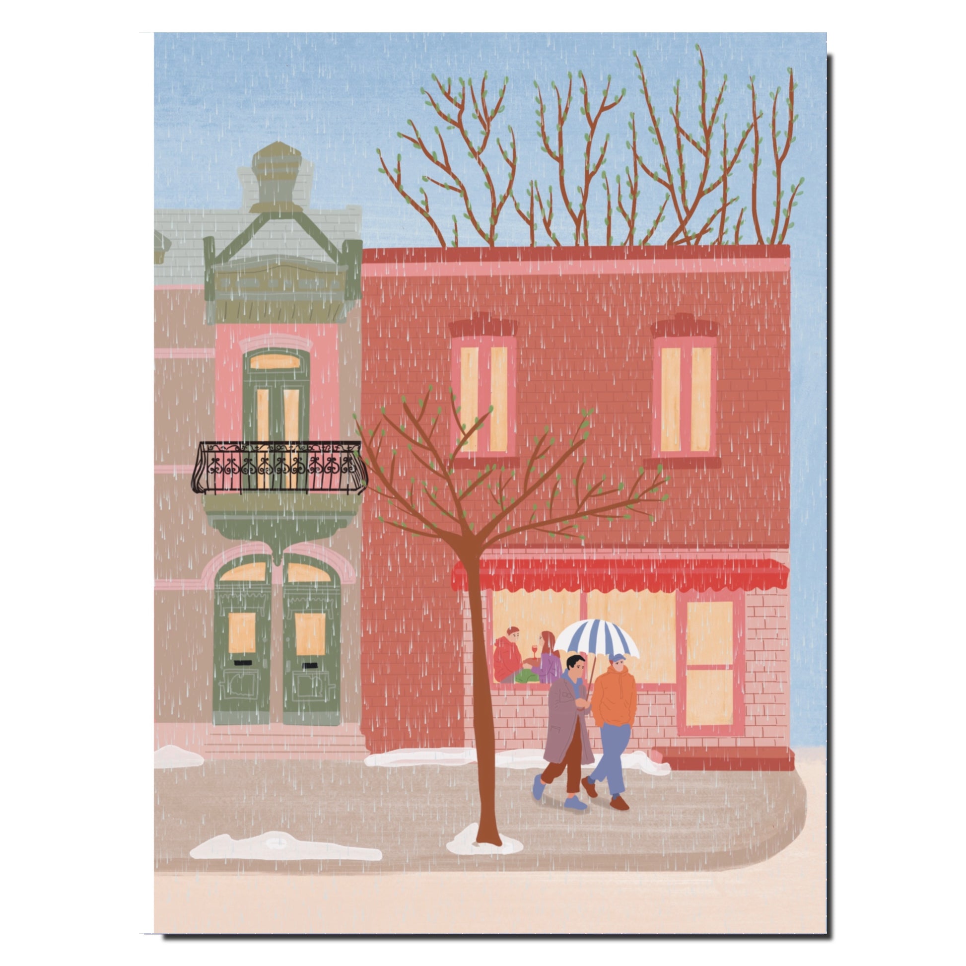 Cahier illustré représentant Montréal en mars, avec pluie douce et neige fondante