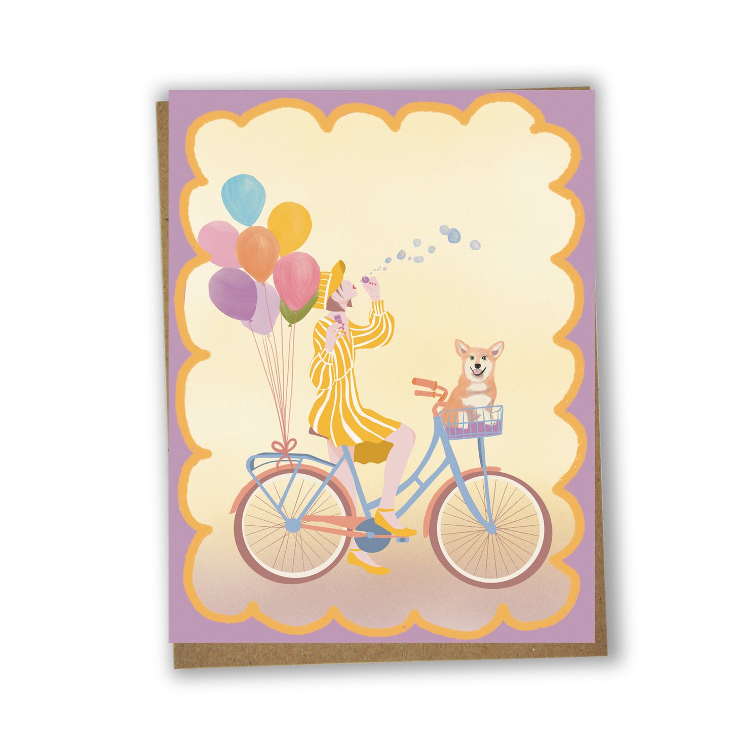 Carte d’anniversaire illustrée avec vélo et ballons, créée par une artiste locale