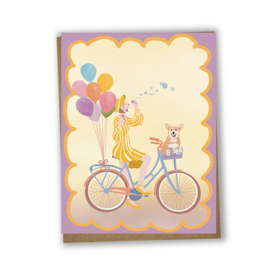 Carte d’anniversaire illustrée avec vélo et ballons, créée par une artiste locale