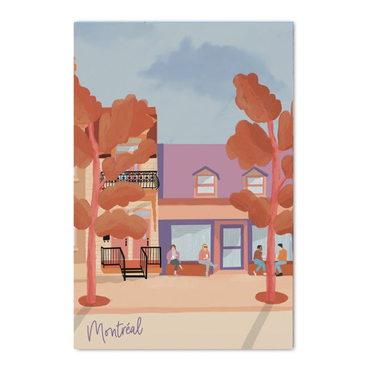 Carte postale illustrée représentant Montréal en septembre avec arbres aux couleurs de l’automne