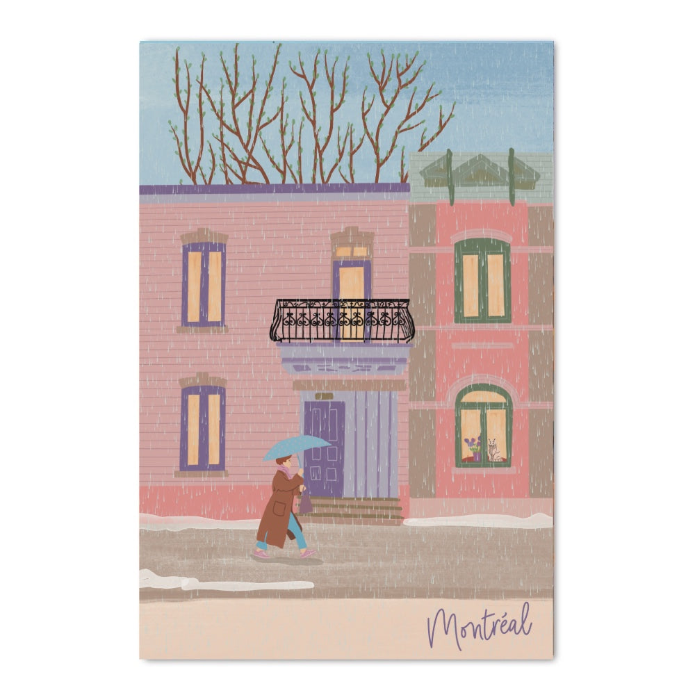Carte postale illustrée représentant Montréal en mars, avec pluie douce et neige fondante