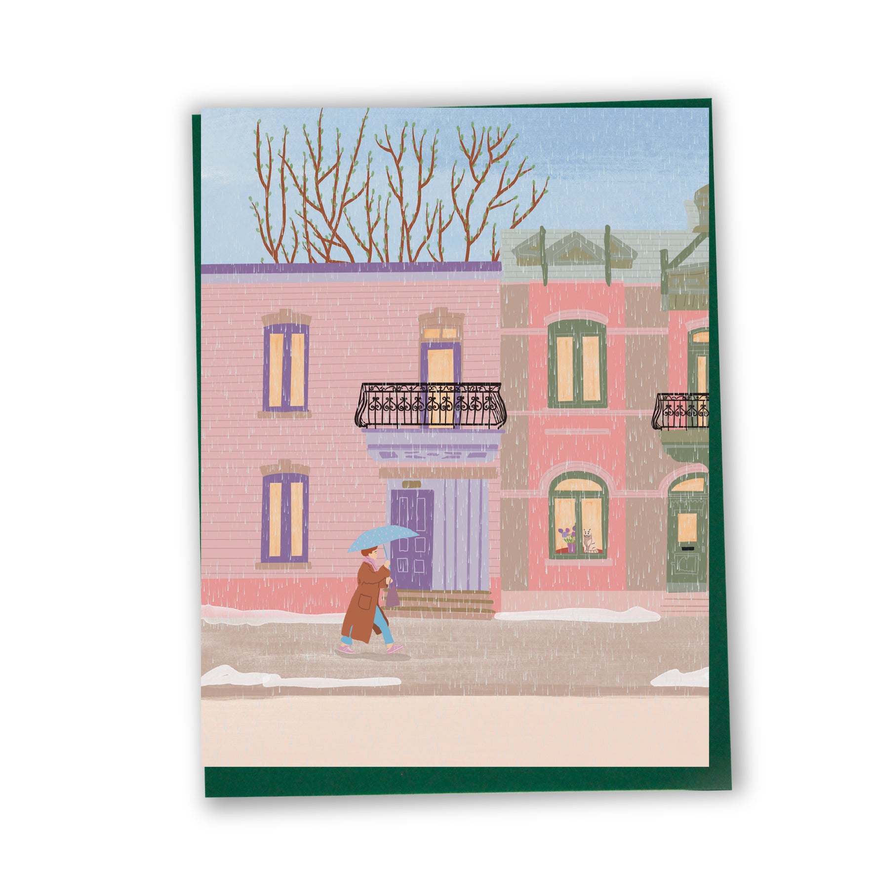 Carte de souhaits illustrée représentant Montréal en mars, créée par une illustratrice montréalaise