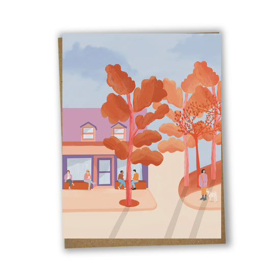 Carte de souhaits illustrée représentant Montréal en septembre, dessinée par une illustratrice montréalaise