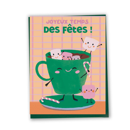 Carte de souhaits illustrée – Joyeux temps des fêtes (Chocolat chaud)