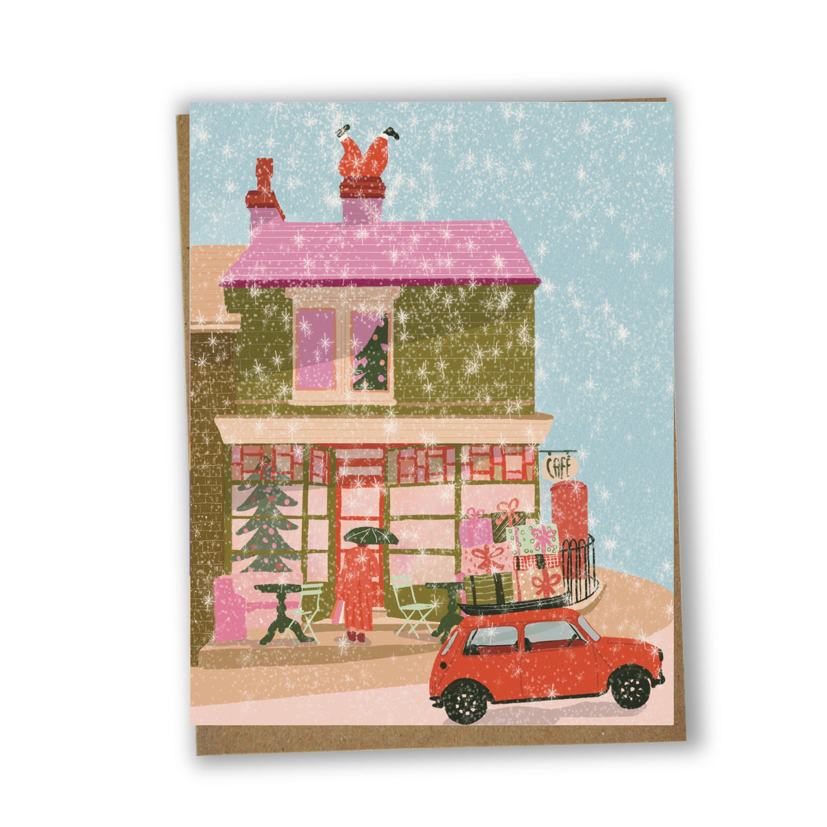 Carte de souhaits illustrée représentant une scène urbaine décorée pour Noël sous la neige.
