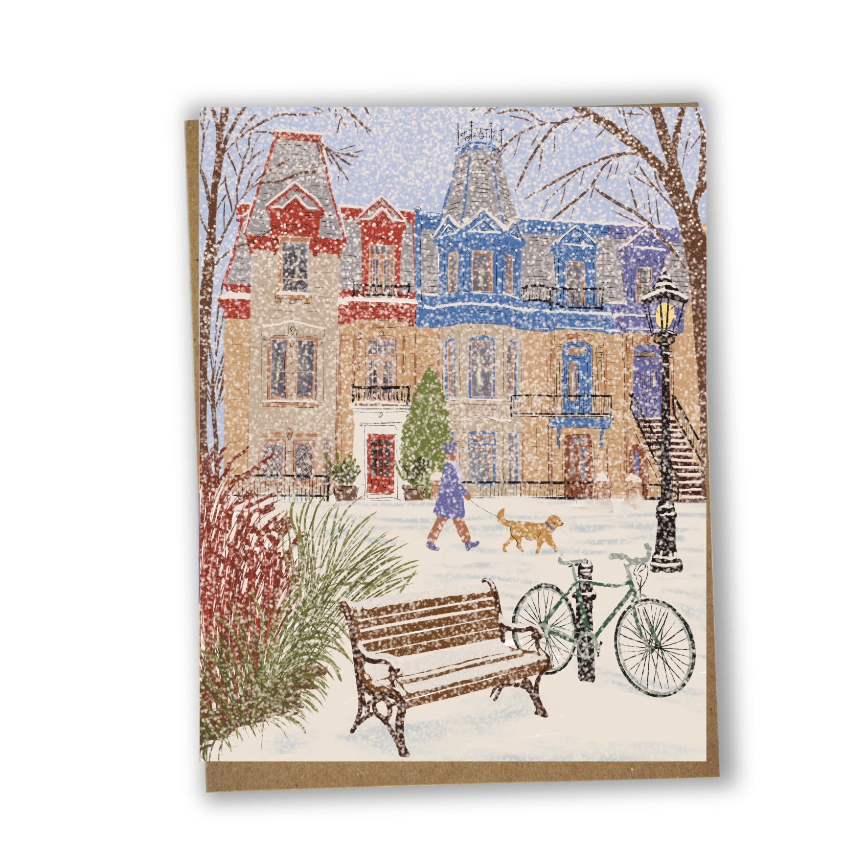 Carte de souhaits illustrée du Square Saint-Louis sous la neige à Montréal