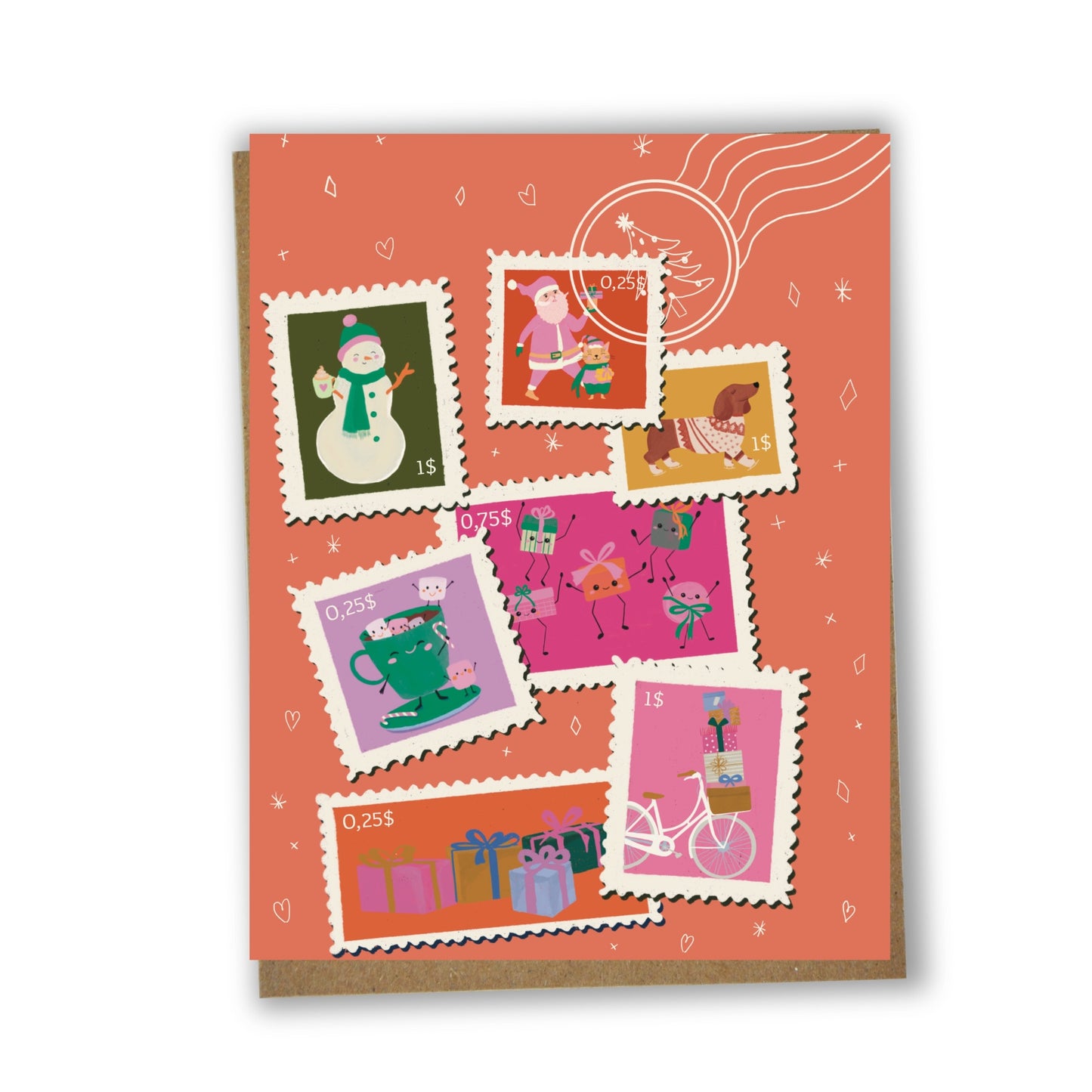 Carte de souhaits illustrée composée de timbres inspirés du temps des Fêtes