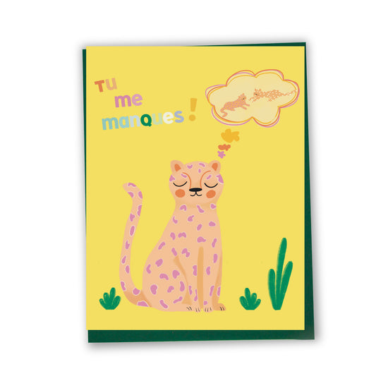 Carte de souhaits illustrée – Tu me manques (Guépard)