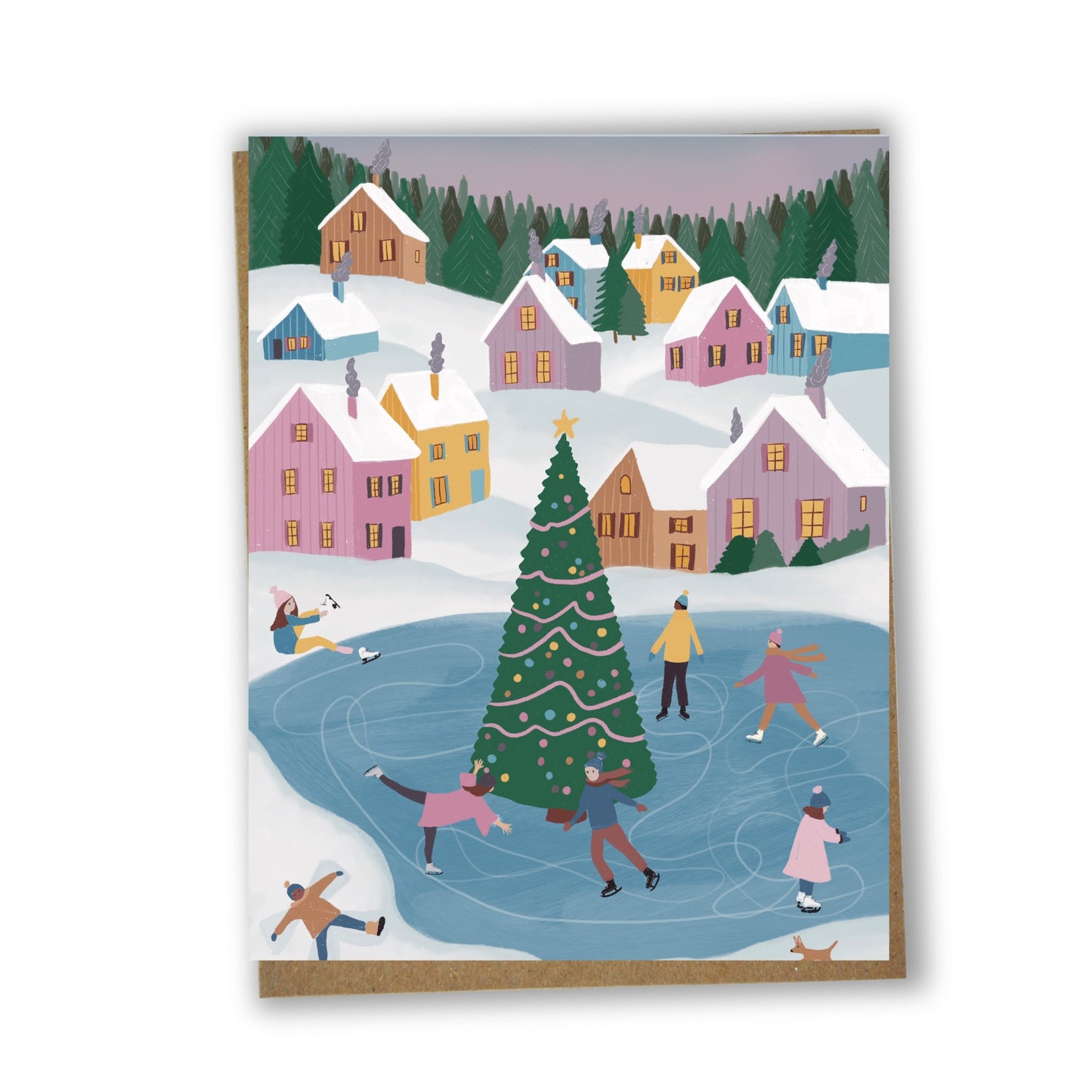 Carte de souhaits illustrée représentant un village de Noël enneigé