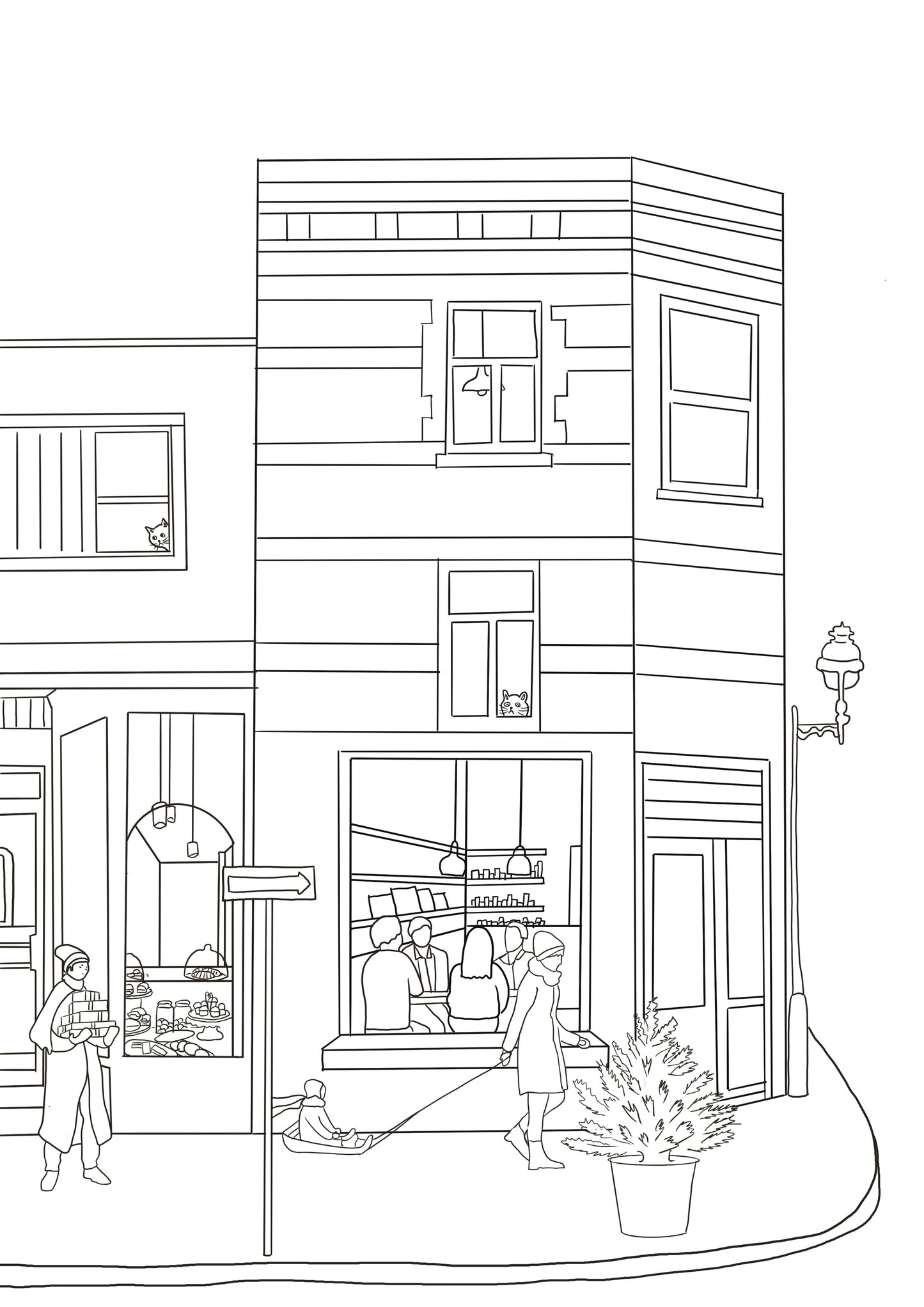 Illustration à colorier inspirée de la vie quotidienne à Montréal, scène de café