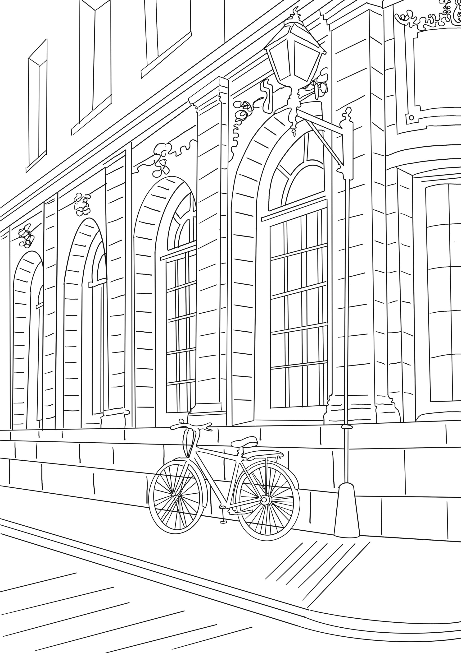 Illustration à colorier de l’architecture urbaine montréalaise avec vélo