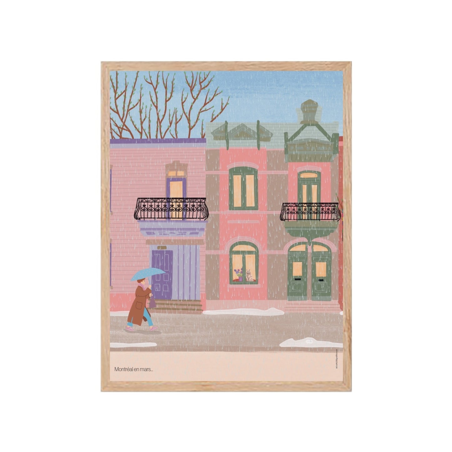 Illustrated art print showing a Montreal street in March, with melting snow and light rain