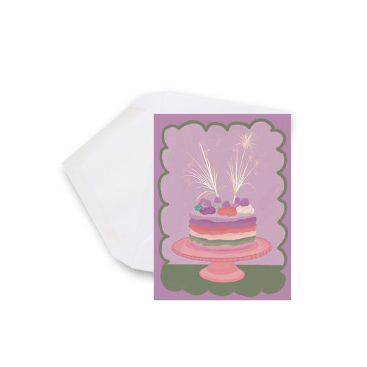 Mini carte de souhaits illustrée avec un gâteau d’anniversaire coloré