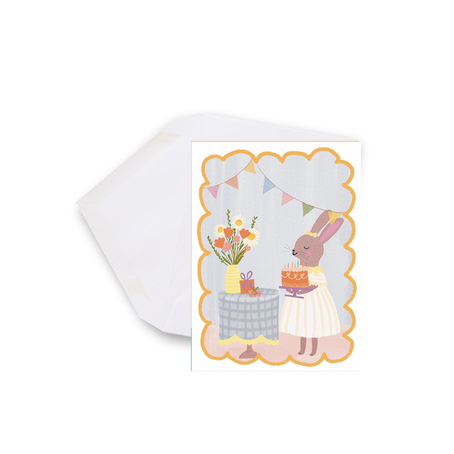 Mini carte de souhaits illustrée avec un lapin tenant un gâteau d’anniversaire