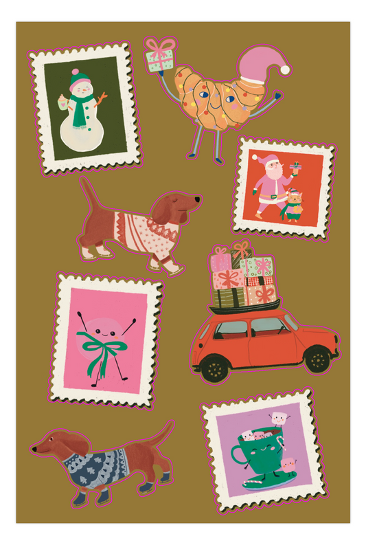 Planche de stickers illustrés de Noël avec Père Noël, bonhomme de neige, voiture chargée de cadeaux, chiens et chocolat chaud.