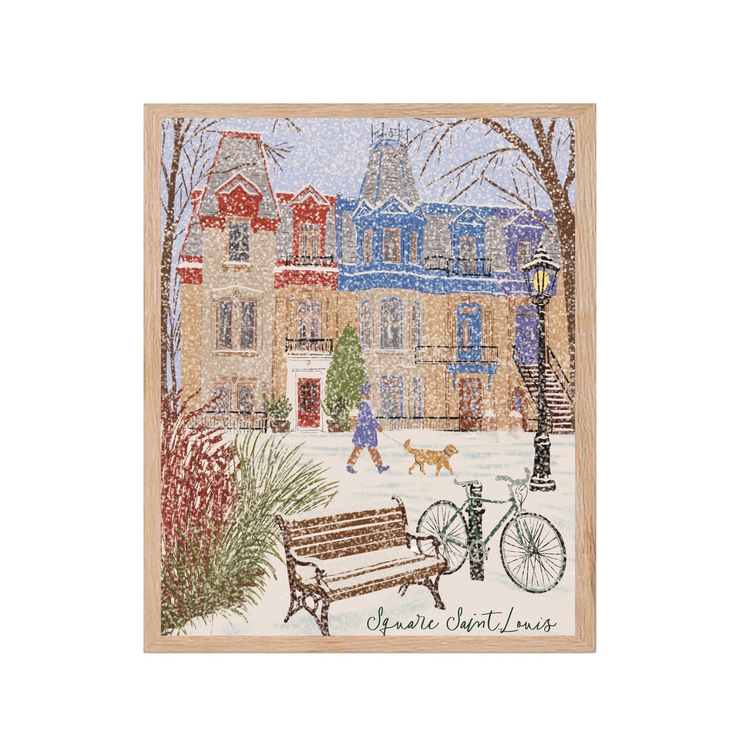 Affiche illustrée du Square Saint-Louis en hiver à Montréal