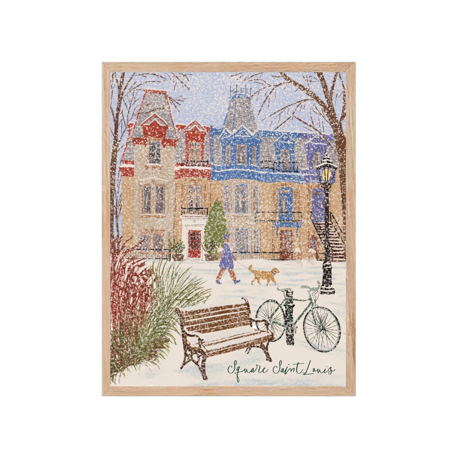 Illustration murale du Square Saint-Louis sous la neige à Montréal